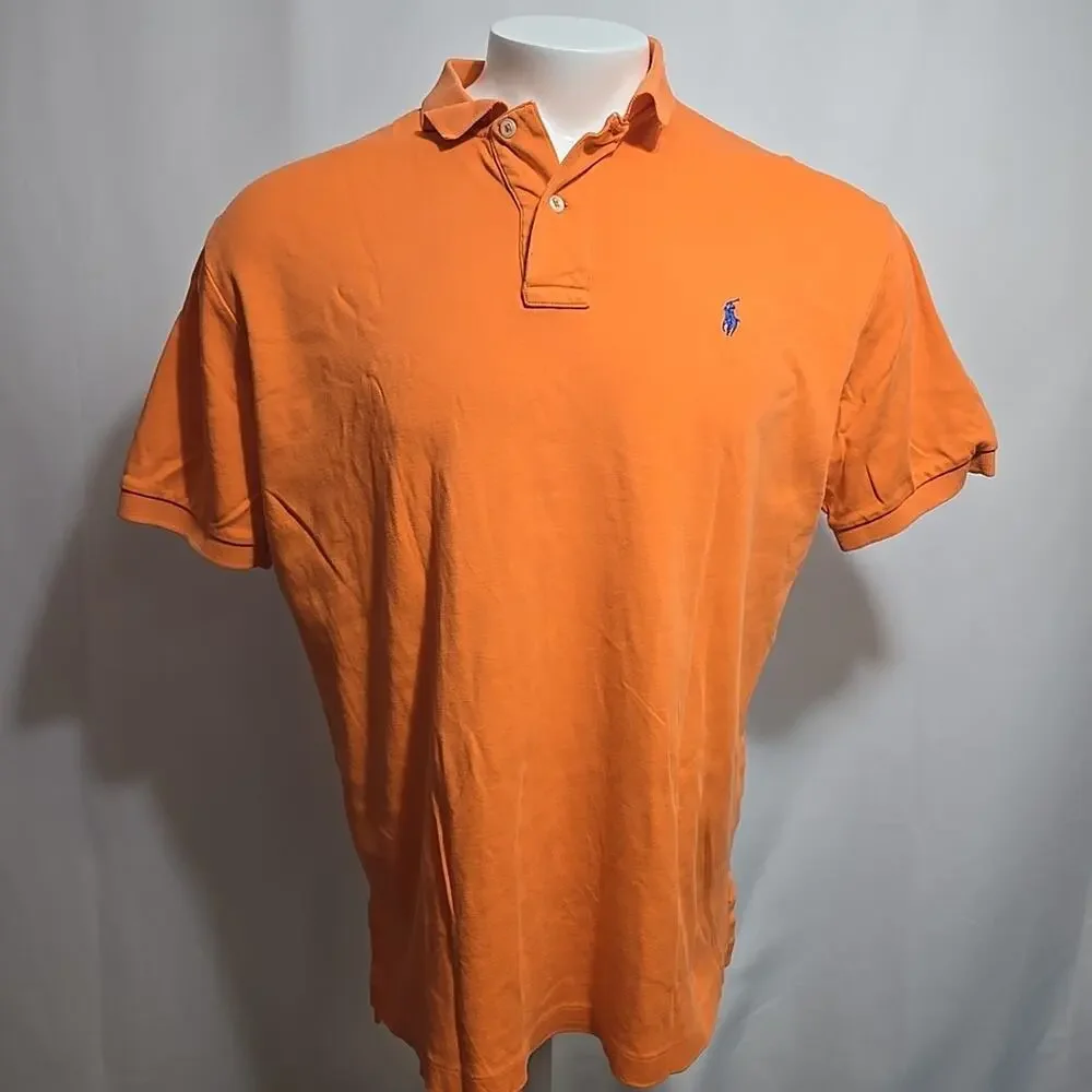 VTG Polo Ralph Lauren Polo Shirt Mens Size Large Orange Blue Pony0